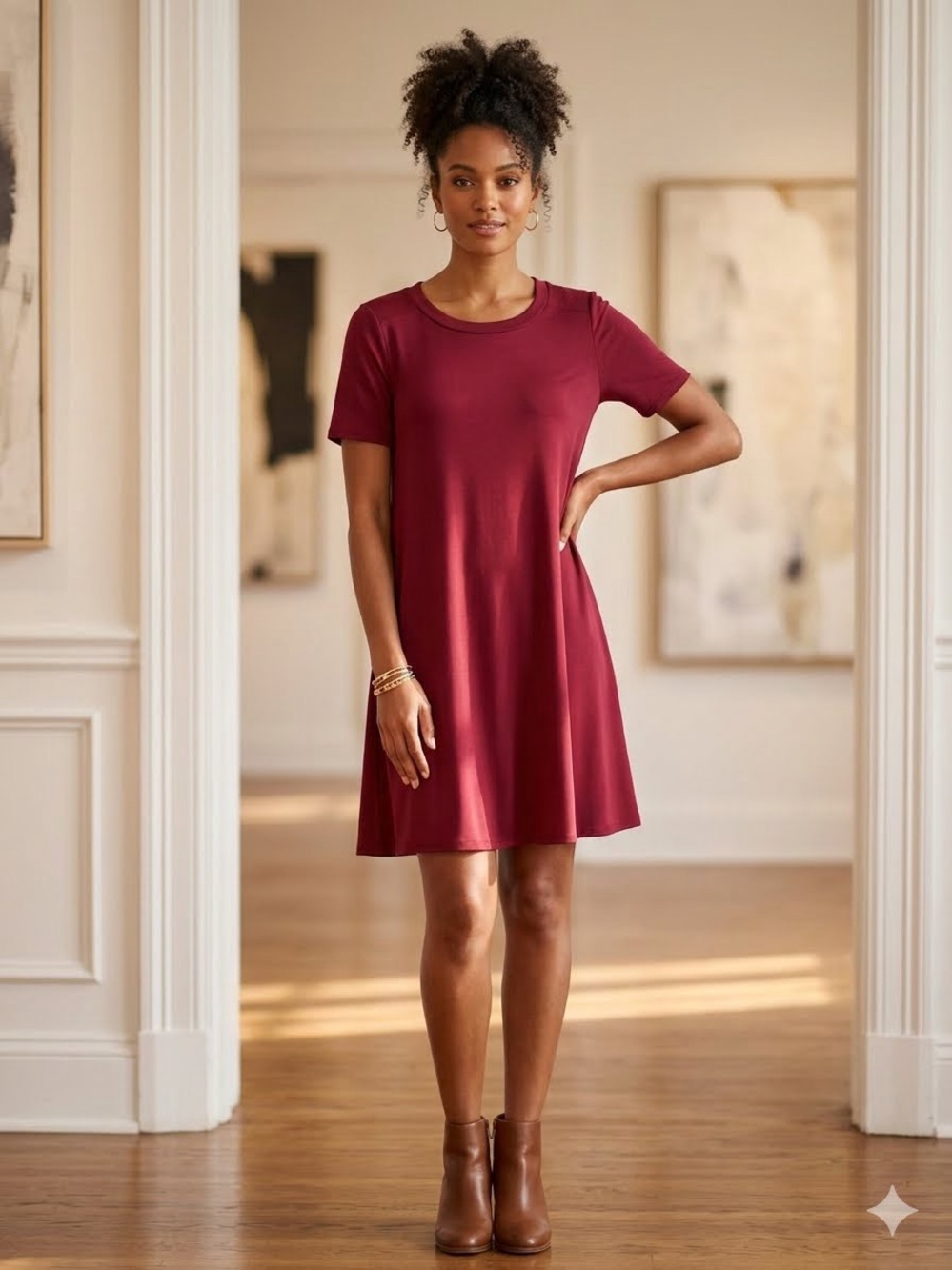 BCBGeneration Burgundy Short Sleeve A-Line Mini Dress